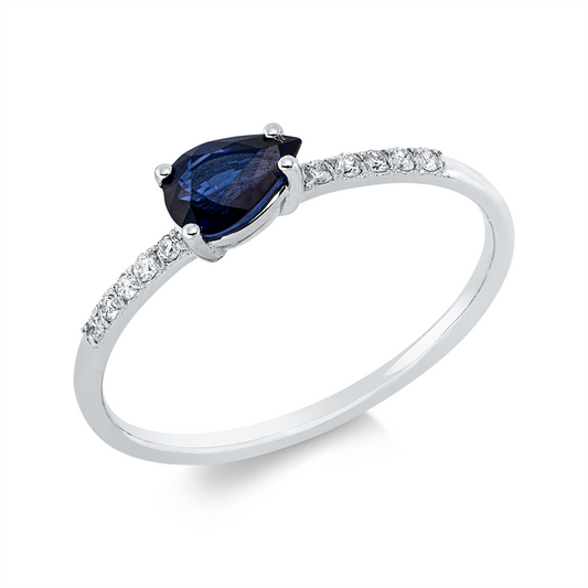 Ring 18 kt WG, 10 Brill. 0,07 ct, F-si, 1 Saphir 0,47 ct blau