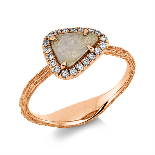 Ring 18 kt RG, 20 Brill. 0,12 ct, I-si, 1 Dia.Split 0,37 ct, gelb