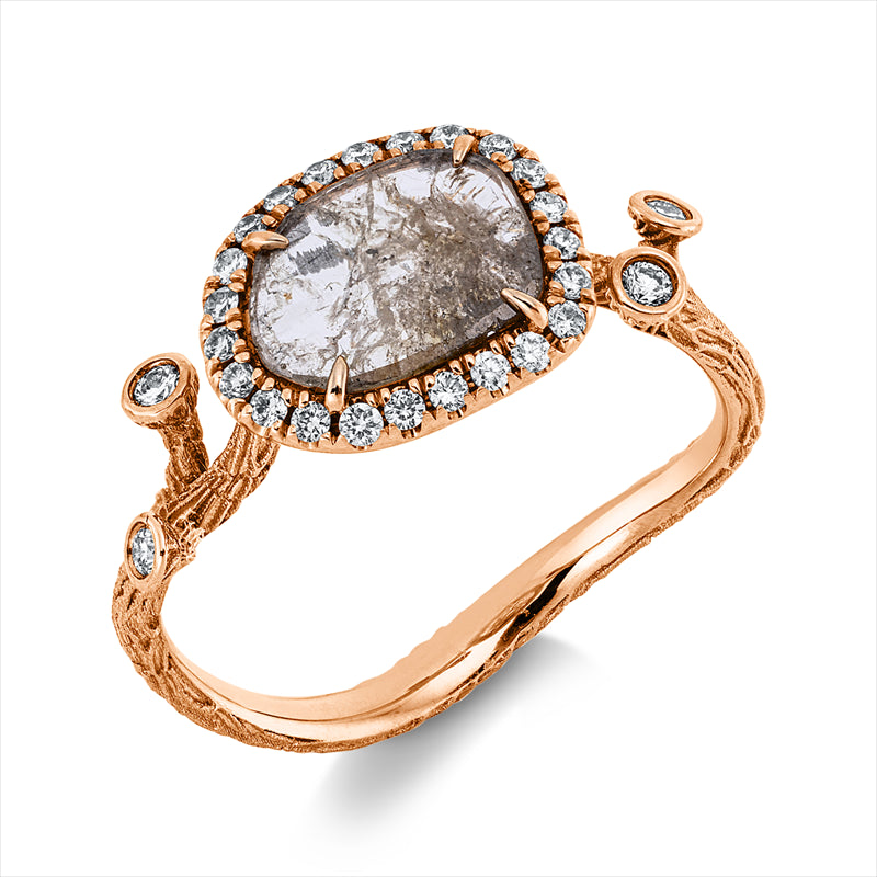 Ring 18 kt RG, 4 Brill. 0,05 ct, I-si/pi, 23 Brill. 0,14 ct, I-si/pi, 1 Dia.Split 0,55 ct, braun