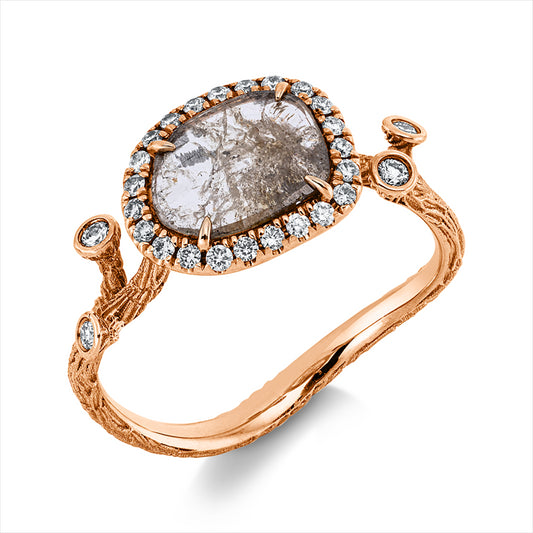 Ring 18 kt RG, 4 Brill. 0,05 ct, I-si/pi, 23 Brill. 0,14 ct, I-si/pi, 1 Dia.Split 0,55 ct, braun