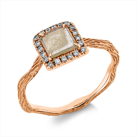 Ring 18 kt RG, 14 Brill. 0,09 ct, I-si, 6 Brill. 0,03 ct, I-si/pi, 1 Dia.Split 0,36 ct, gelb