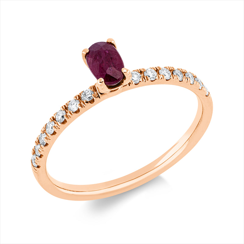 Ring 18 kt RG, 14 Brill. 0,16 ct, F-si, 1 Rubin 0,37 ct rot
