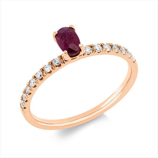 Ring 18 kt RG, 14 Brill. 0,16 ct, F-si, 1 Rubin 0,37 ct rot