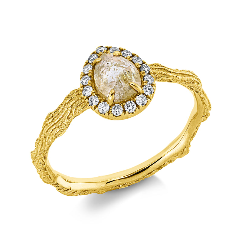 Ring 18 kt GG, 16 Brill. 0,11 ct, I-si/pi, 1 Dia.Split 0,60 ct, gelb