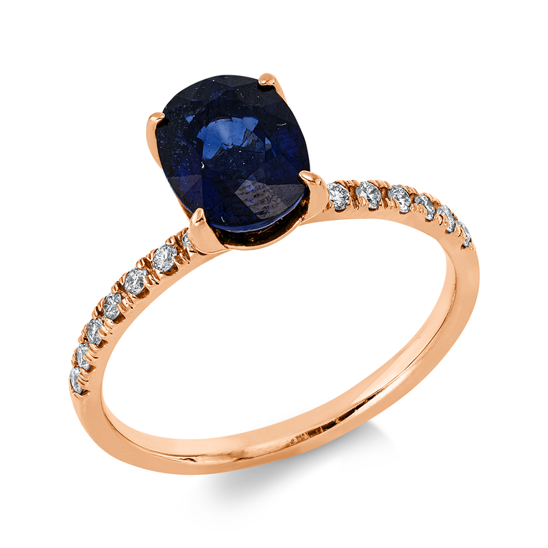 Ring 18 kt RG, 14 Brill. 0,16 ct, F-si, 1 Saphir 1,86 ct blau