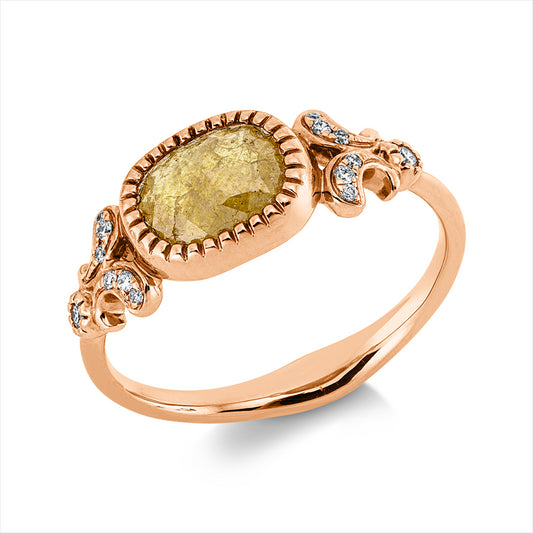 Ring 18 kt RG, 2 Brill. 0,02 ct, I-si, 12 Brill. 0,04 ct, I-si, 1 Dia.Split 1,07 ct, gelb