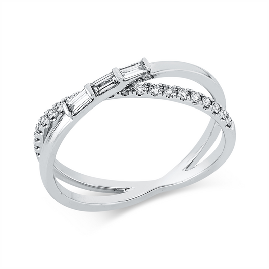 Ring 18 kt WG, 3 Bag. 0,10 ct, TW-vsi, 21 Brill. 0,16 ct, TW-si