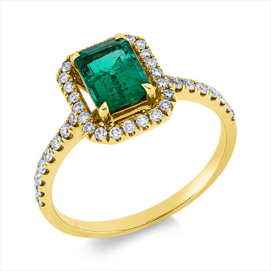 Ring 18 kt GG, 40 Brill. 0,32 ct, TW-si, 1 Smaragd 1,09 ct grün