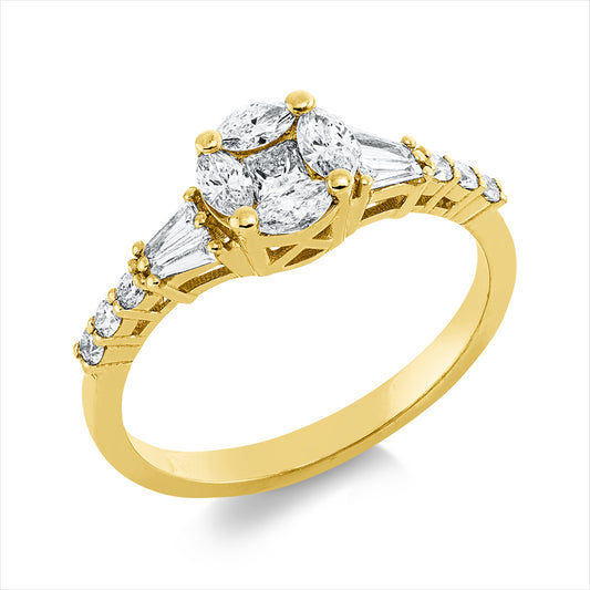Ring 18 kt GG, 4 Tra. 0,12 ct, 1 Princ. 0,08 ct, 4 Nav. 0,38 ct, 6 Brill. 0,10 ct, TW-si