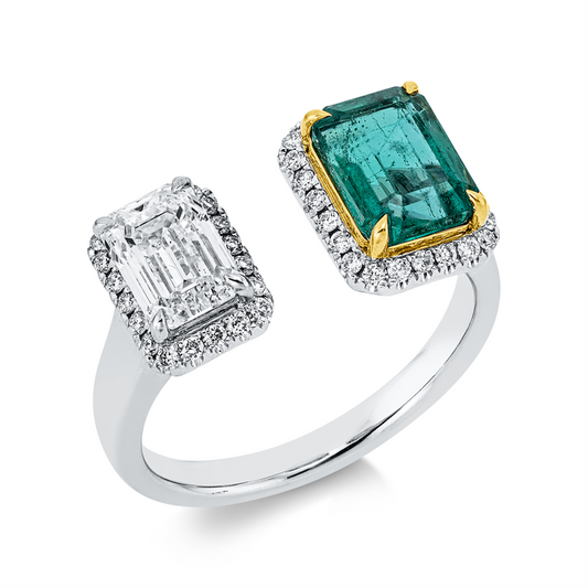 Ring 18 kt WG+GG, GIA 2414411670, 1 Sm.schliff 1,00 ct, TW-vs1, 44 Brill. 0,21 ct, TW-si/pi, 1 Smaragd 1,42 ct grün
