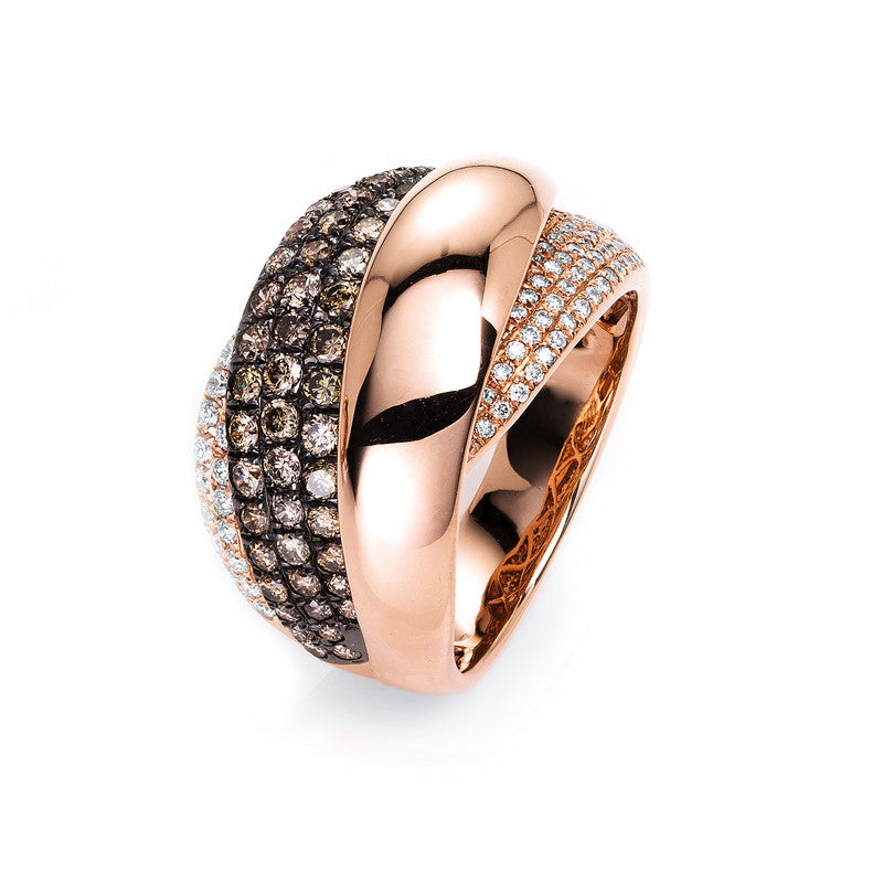 Ring 18 kt RG, Fassung schwarz rhodiniert, 78 Brill. 0,37 ct, TW-si, 58 Brill. 0,88 ct, braun