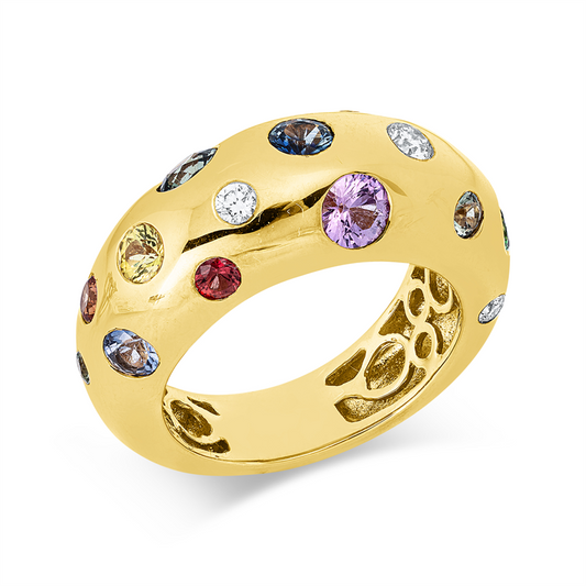 Ring 18 kt GG, 4 Brill. 0,19 ct, TW-vsi, 14 Saphire 2,04 ct multicolor