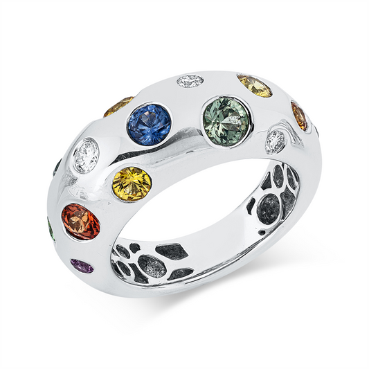 Ring 18 kt WG, 4 Brill. 0,18 ct, TW-vsi, 14 Saphire 2,10 ct multicolor