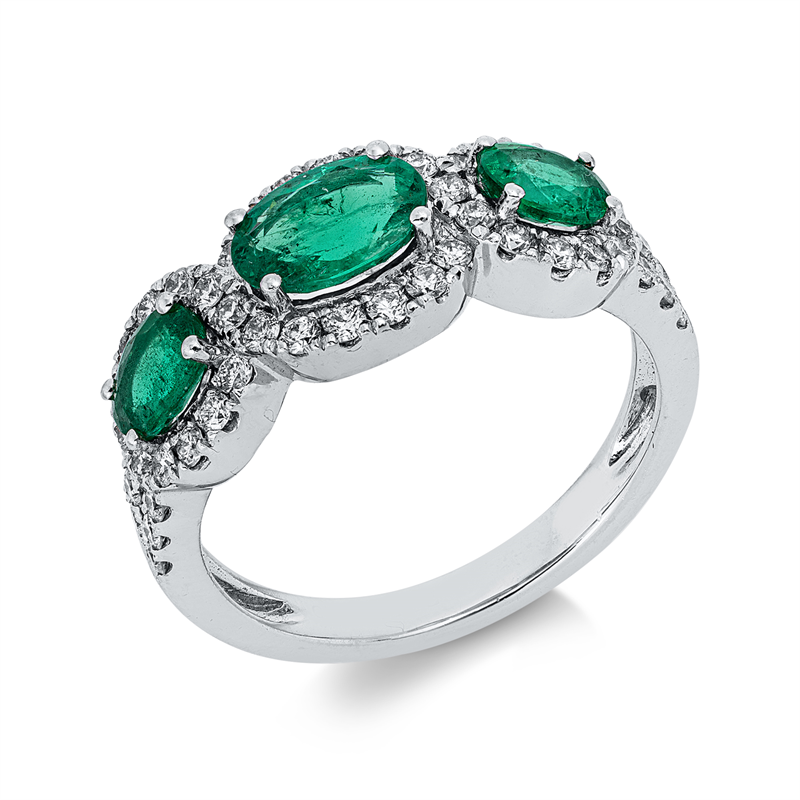 Ring 18 kt WG, 48 Brill. 0,54 ct, TW-si, 3 Smaragde 1,19 ct grün