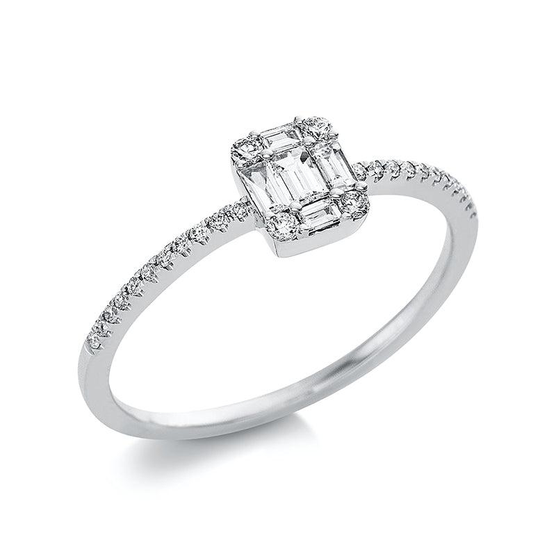 Ring 18 kt WG, 22 Brill. 0,06 ct, TW-si, 4 Brill. 0,05 ct, TW-si, 5 Bag. 0,16 ct, TW-si