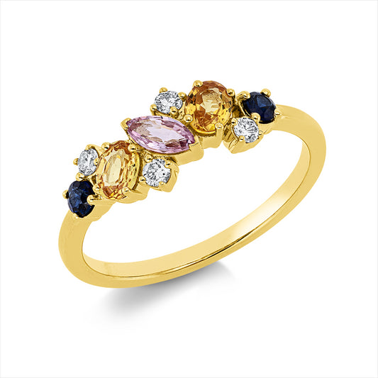 Ring 18 kt GG, 4 Brill. 0,11 ct, TW-vsi/si, 1 Sapp 0,18 ct pink, 2 Sapp 0,43 ct gelb, 2 Sapp 0,14 ct blau