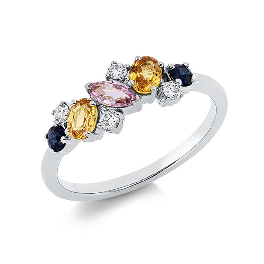 Ring 18 kt WG, 4 Brill. 0,10 ct, TW-vsi/si, 1 Sapp 0,14 ct pink, 2 Sapp 0,42 ct gelb, 2 Sapp 0,13 ct blau