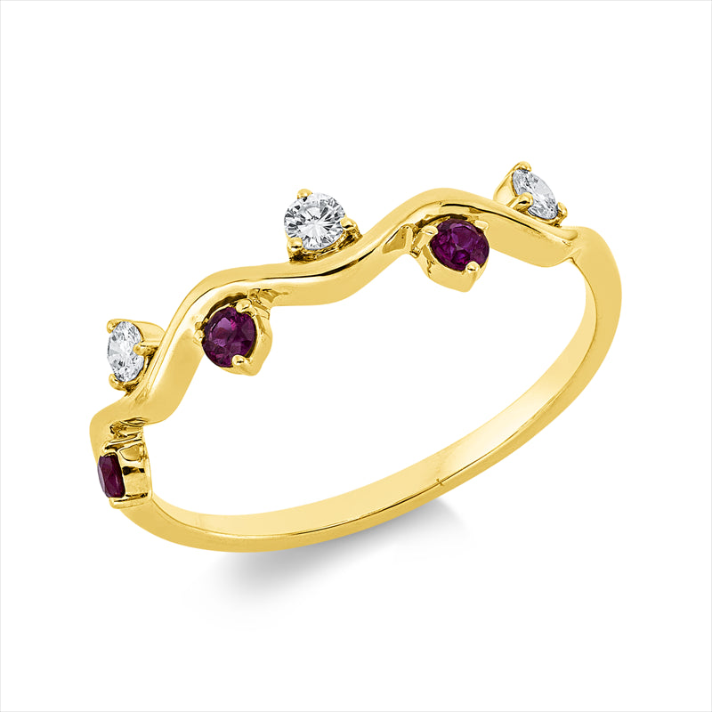 Ring 18 kt GG, 3 Brill. 0,09 ct, TW-vsi/si, 3 Rubine 0,12 ct rot