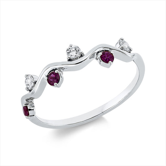 Ring 18 kt WG, 3 Brill. 0,10 ct, TW-vsi/si, 3 Rubine 0,12 ct rot
