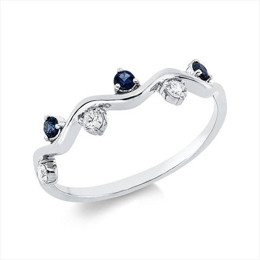 Ring 18 kt WG, 3 Brill. 0,10 ct, TW-vsi/si, 3 Saphire 0,10 ct blau