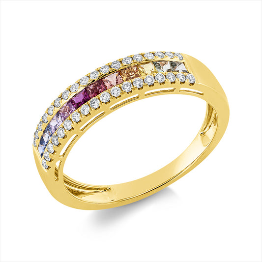 Ring 18 kt GG, 36 Brill. 0,20 ct, TW-si, 10 Saphire 0,46 ct multicolor, 1 Rubin 0,04 ct rot