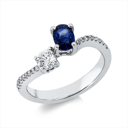 Ring 18 kt WG, 1 Brill. 0,27 ct, TW-vsi, 16 Brill. 0,14 ct, TW-vsi, 1 Saphir 0,68 ct blau