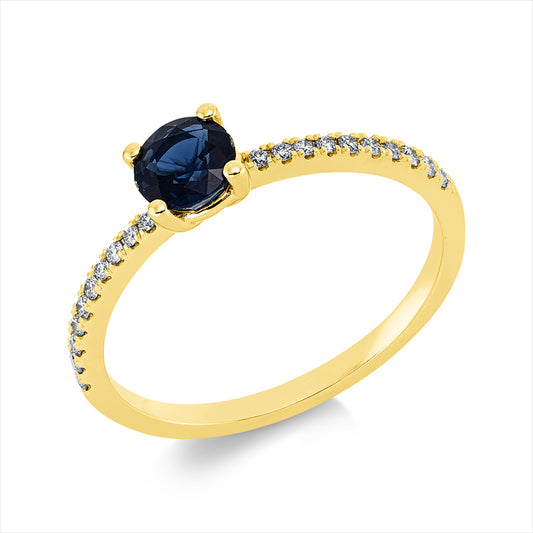 Ring 18 kt GG, 20 Brill. 0,13 ct, TW-si, 1 Saphir 0,69 ct blau