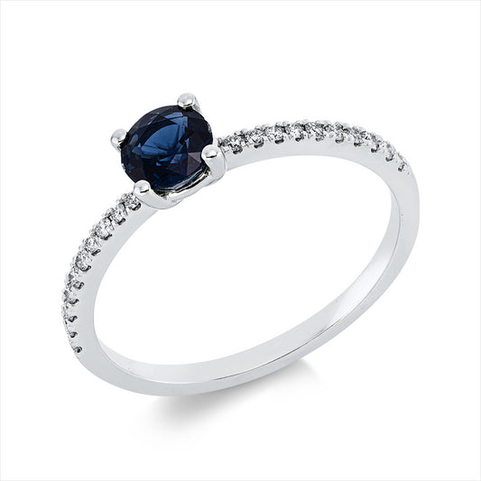 Ring 18 kt WG, 20 Brill. 0,13 ct, TW-si, 1 Saphir 0,59 ct blau