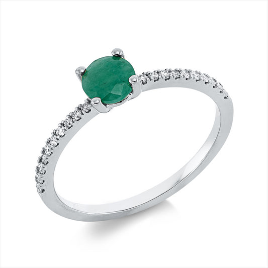 Ring 18 kt WG, 20 Brill. 0,13 ct, TW-si, 1 Smaragd 0,53 ct grün