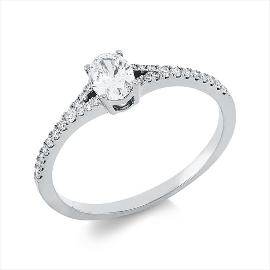 Ring 18 kt WG, GIA 1523247660, 2 Brill. 0,02 ct, TW-si, 1 Oval 0,31 ct, E-vs2, 26 Brill. 0,10 ct, TW-si