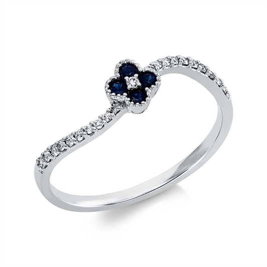 Ring 18 kt WG, 21 Brill. 0,10 ct, TW-si, 4 Saphire 0,16 ct blau