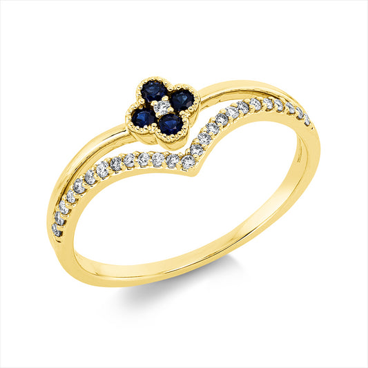 Ring 18 kt GG, 26 Brill. 0,11 ct, TW-si, 4 Saphire 0,16 ct blau