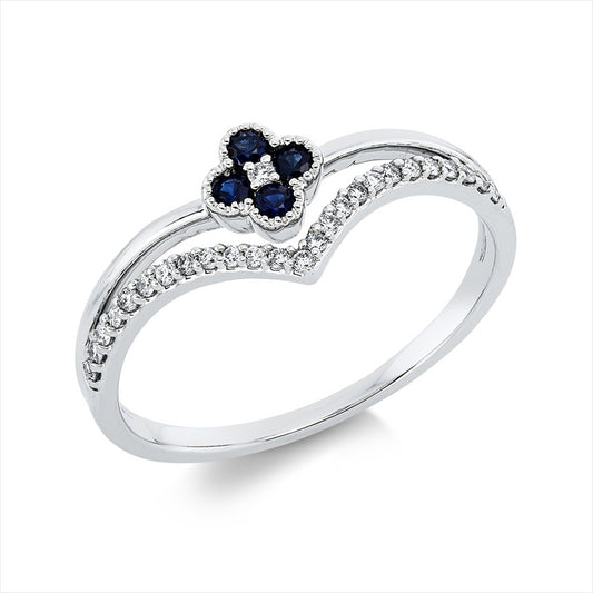 Ring 18 kt WG, 26 Brill. 0,11 ct, TW-si, 4 Saphire 0,16 ct blau