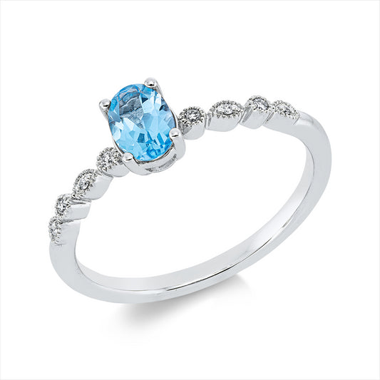Ring 18 kt WG, 8 Brill. 0,03 ct, TW-si, 1 Topas 0,60 ct blau