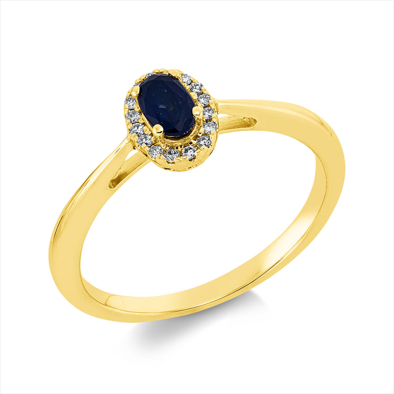 Ring 18 kt GG, 16 Brill. 0,07 ct, TW-si, 1 Saphir 0,28 ct blau