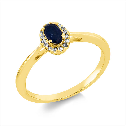 Ring 18 kt GG, 16 Brill. 0,07 ct, TW-si, 1 Saphir 0,28 ct blau