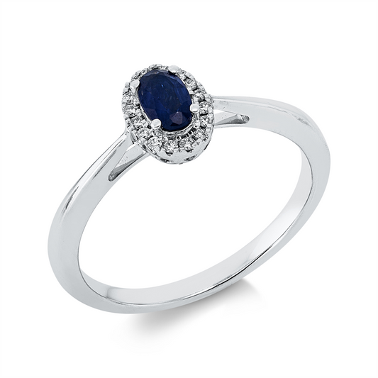Ring 18 kt WG, 16 Brill. 0,06 ct, TW-si, 1 Saphir 0,35 ct blau