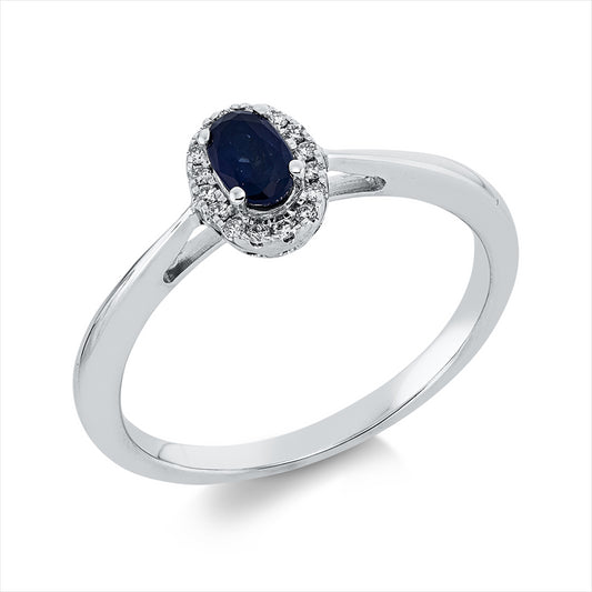 Ring 18 kt WG, 16 Brill. 0,06 ct, TW-si, 1 Saphir 0,35 ct blau