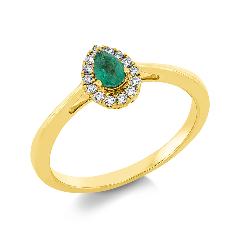 Ring 18 kt GG, 14 Brill. 0,10 ct, TW-si, 1 Smaragd 0,17 ct grün