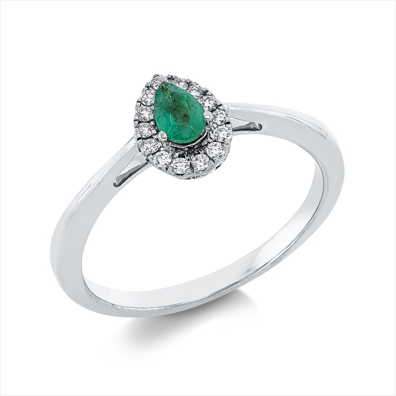 Ring 18 kt WG, 14 Brill. 0,09 ct, TW-si, 1 Smaragd 0,20 ct grün