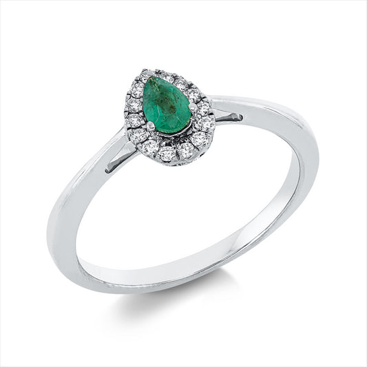 Ring 18 kt WG, 14 Brill. 0,09 ct, TW-si, 1 Smaragd 0,20 ct grün