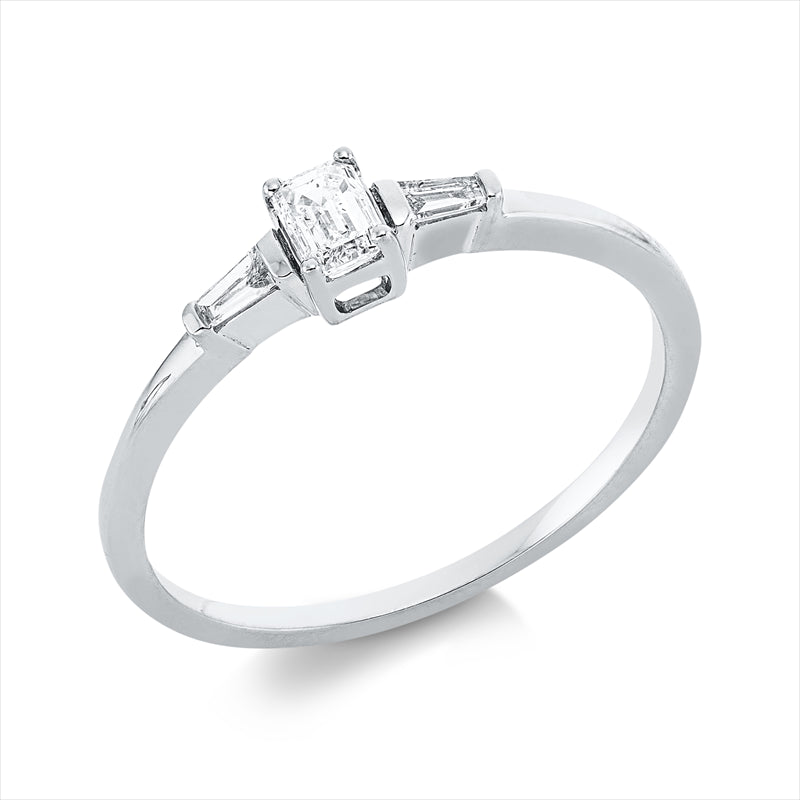 Ring 18 kt WG, 1 Sm.schliff 0,19 ct, TW-si, 2 Trap. 0,06 ct, TW-si