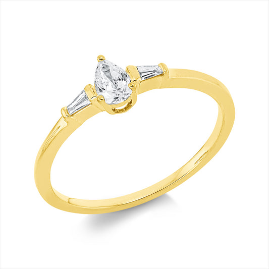Ring 18 kt GG, 1 Tropfen 0,20 ct, TW-si, 2 Trap. 0,06 ct, TW-si