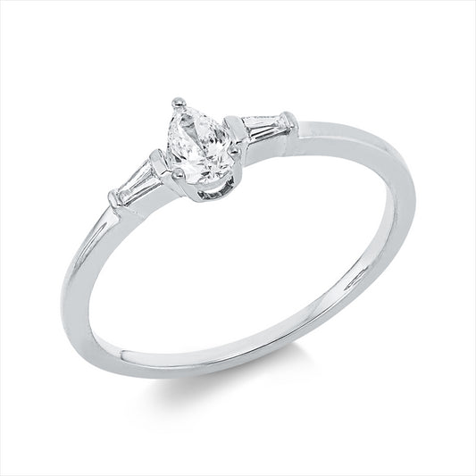 Ring 18 kt WG, 1 Tropfen 0,20 ct, TW-si, 2 Trap. 0,05 ct, TW-si