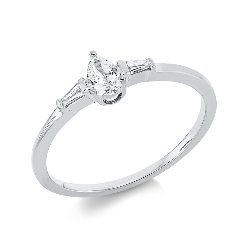 Ring 18 kt WG, 1 Tropfen 0,20 ct, TW-si, 2 Trap. 0,05 ct, TW-si