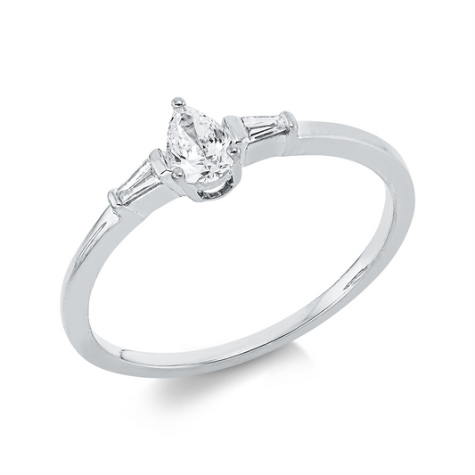Ring 18 kt WG, 1 Tropfen 0,20 ct, TW-si, 2 Trap. 0,05 ct, TW-si