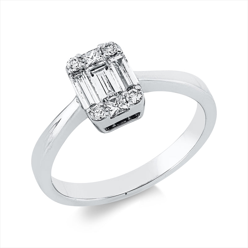 Ring 18 kt WG, 2 Princ. 0,07 ct, TW-si, 3 Bag. 0,36 ct, TW-si, 4 Brill. 0,06 ct, TW-si