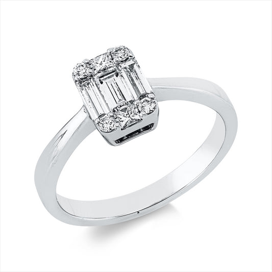 Ring 18 kt WG, 2 Princ. 0,07 ct, TW-si, 3 Bag. 0,36 ct, TW-si, 4 Brill. 0,06 ct, TW-si