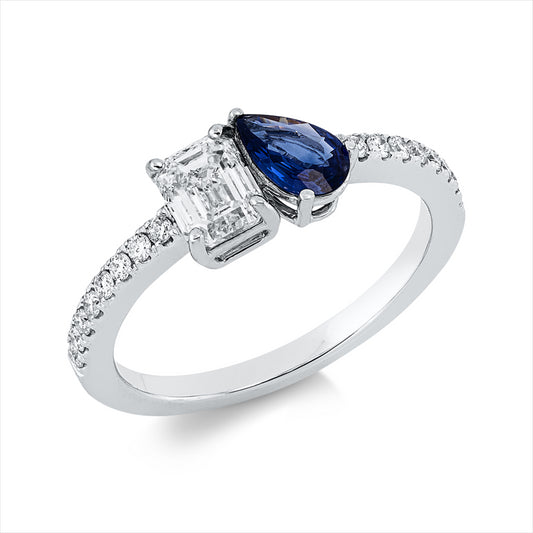 Ring 18 kt WG, 1 Sm.schliff 0,61 ct, TW-si, 16 Brill. 0,16 ct, TW-si, 1 Saphir 0,32 ct blau