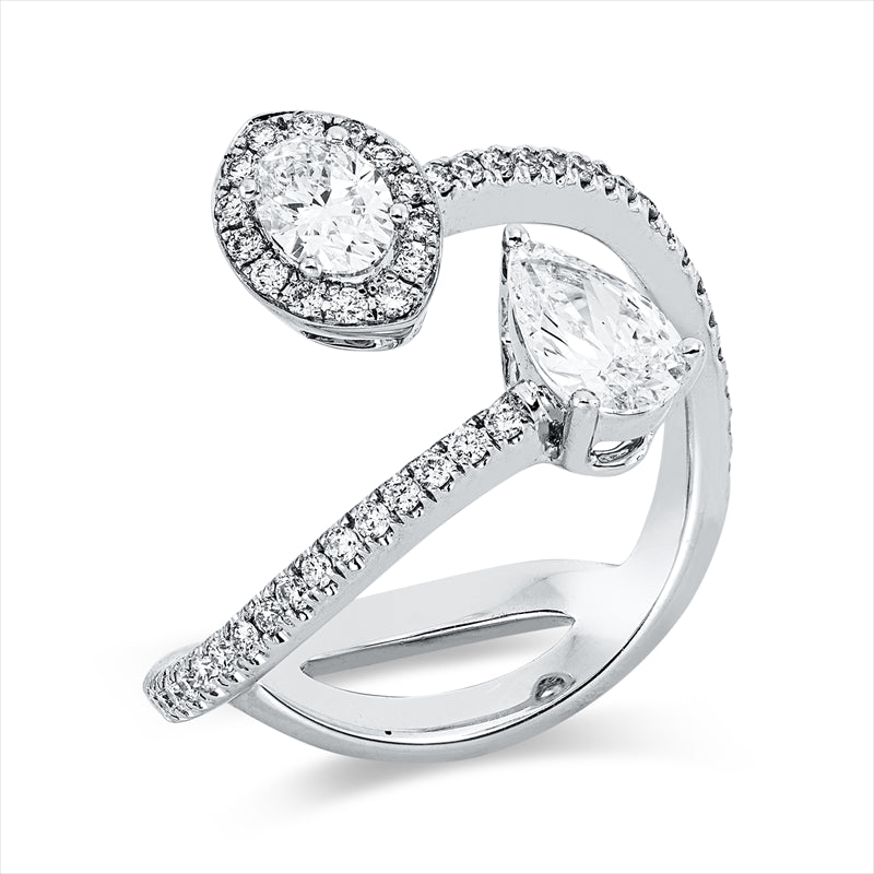 Ring 18 kt WG, 1 Oval 0,26 ct, F-vsi/si, 1 Tropfen 0,39 ct, F-vsi/si, 49 Brill. 0,26 ct, F-vsi/si